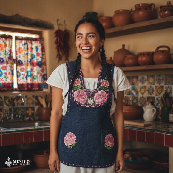 Pink & Blue Mexican Embroidered Smock Apron, Floral Traditional Design for Women - Picture 2 of 8